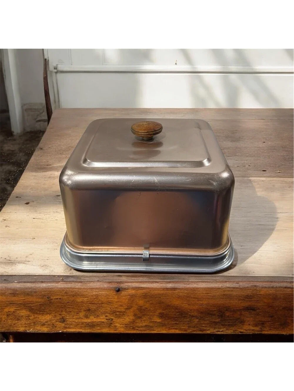 Vintage Mirro 11x11x8 Aluminum Square Cake Pan Slide Lock on Rose/Copper Lid